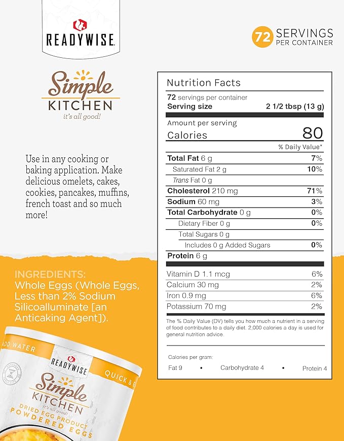 READYWISE - Simple Kitchen, Powdered Eggs, 72 Servings, Emergency Supply, Dehydrated Food, Baking Supplies, Camping Meals, Survival Food, 10 Can Egg Powder, Dehydrated Eggs Powder (Pack of 2)