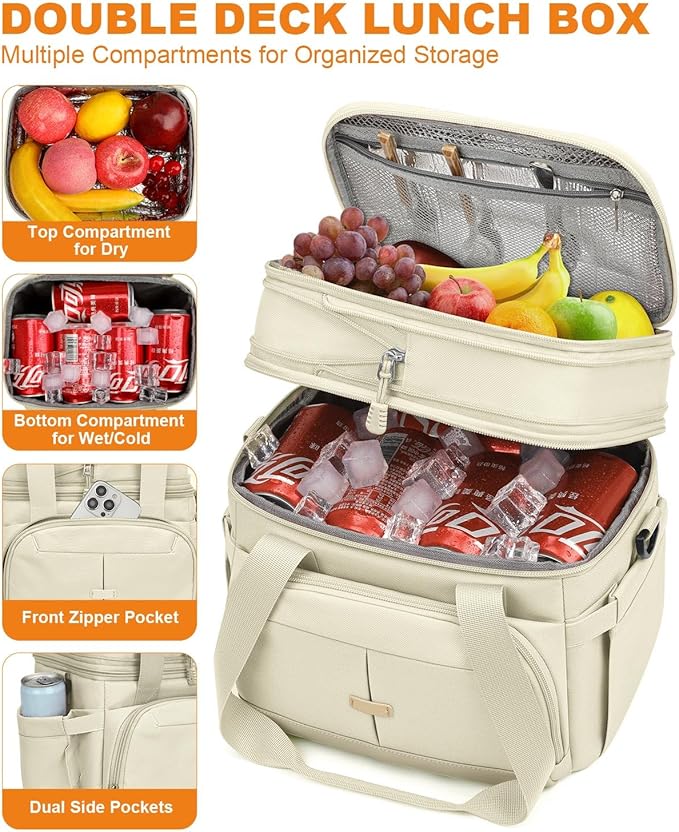Lunch Box For Men Women Double Deck Insulated Lunch Bag For Men Woman Leakproof Expandable Cooler Bag with Adjustable Shoulder Strap for Kids Shool Work Picnic Camping(Beige,Large)