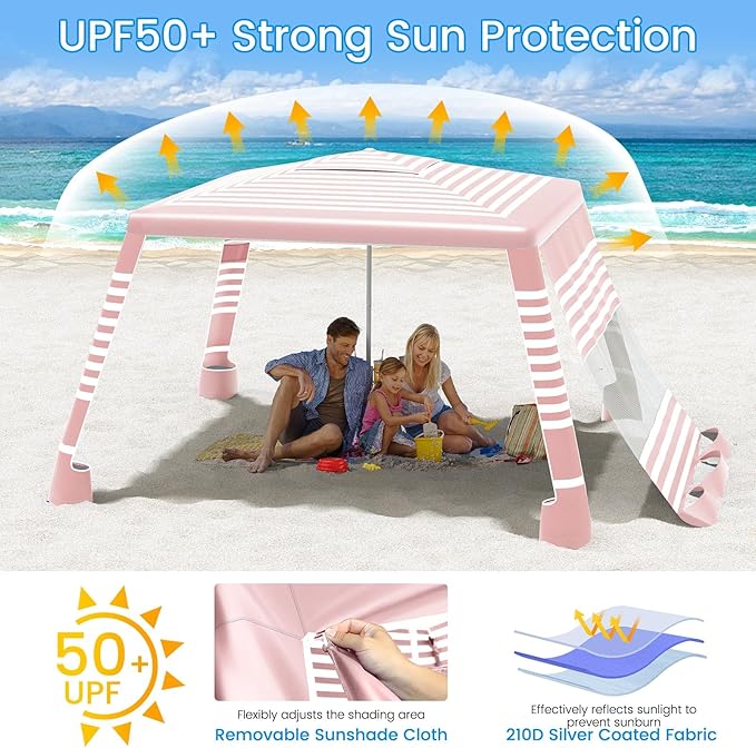 MoKo Beach Cabana, 8'×8' Large Beach Canopy with Side Wall, UPF 50+ Protection Easy Setup Beach Tent Sun Shelter, Adjustable Height Wind Resistant Cabana Beach Tent for Whole Family, Pink Stripe