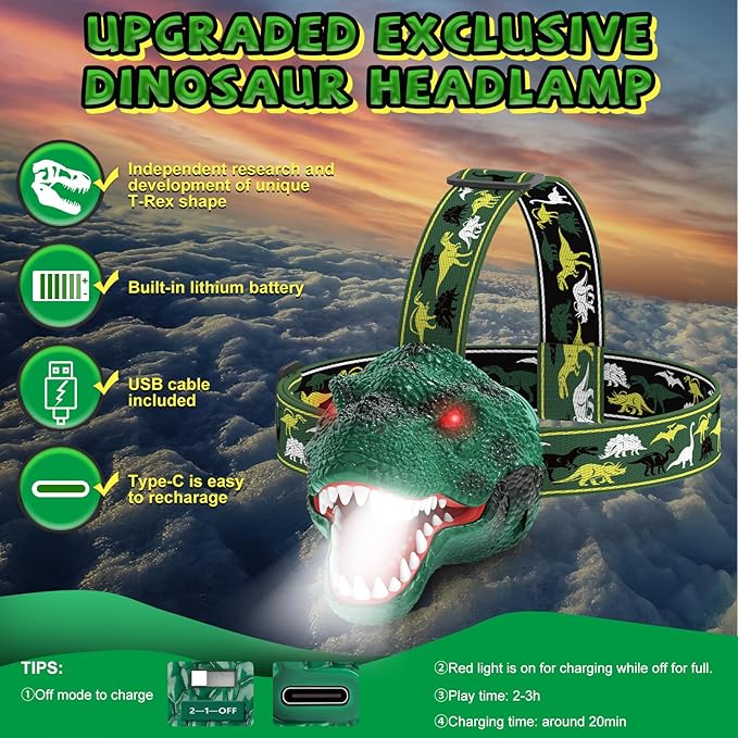 Dinosaur Headlamp for Kids Flashlight 2 Pack, Rechargeable Led Headlights Roar & Silent Mode, T-Rex Dinosaur Toys, Camping Gear, Easter Gifts for Boys Girls Adults