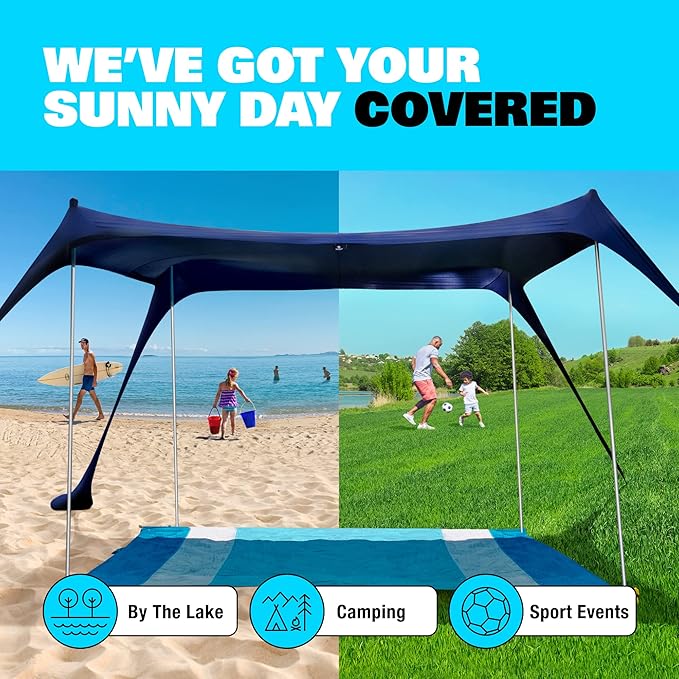 Sun Ninja Beach Tent Sun Shelter UPF50+ - Easy Pop Up Beach Canopy - Outdoor Shade for Camping Trips, Fishing, Backyard Fun Picnics - Sand Shovel, Ground Pegs & Stability Poles