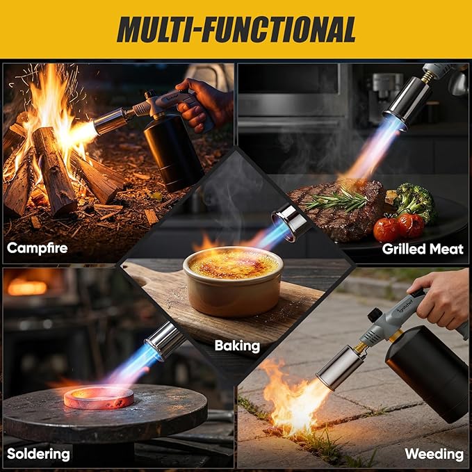 Propane Torch Gun, Blow Torch Gun with Adjustable Flame, Kitchen Torch Lighter for BBQ, Campfire Starter, Welding, Searing Steak (Propane Tank Not Included)