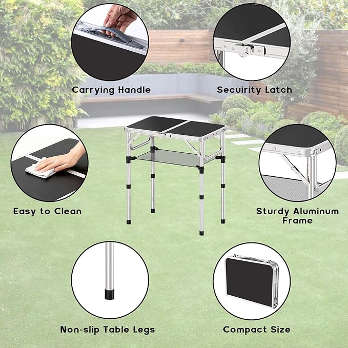 Small Folding Table, Aluminum 24" x 16" Adjustable Height Max 27.5" Folding Camping Table with Carrying Handle, Lightweight, Portable Camp Table for Outdoor Indoor Picnic Beach, Black