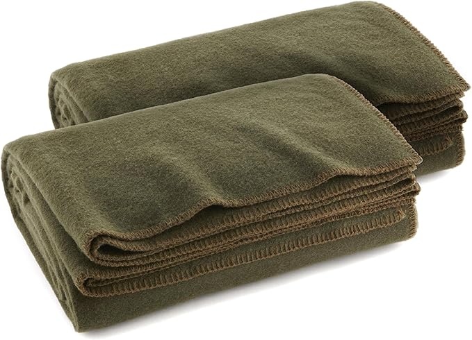 Ever Ready First Aid Olive Drab Green Warm Fire Retardant Blanket, 66" x 90" (80% Wool) – US Military Style, Heavy-Duty Survival & Emergency Blanket for Camping, Hunting, Outdoors & Home Use - 2 Pack