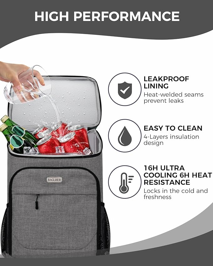 BAGLHER Lightweight Insulated Cooler Backpack - 30 Cans, Leak-Proof for Lunch, Picnic, Hiking, Camping Trips