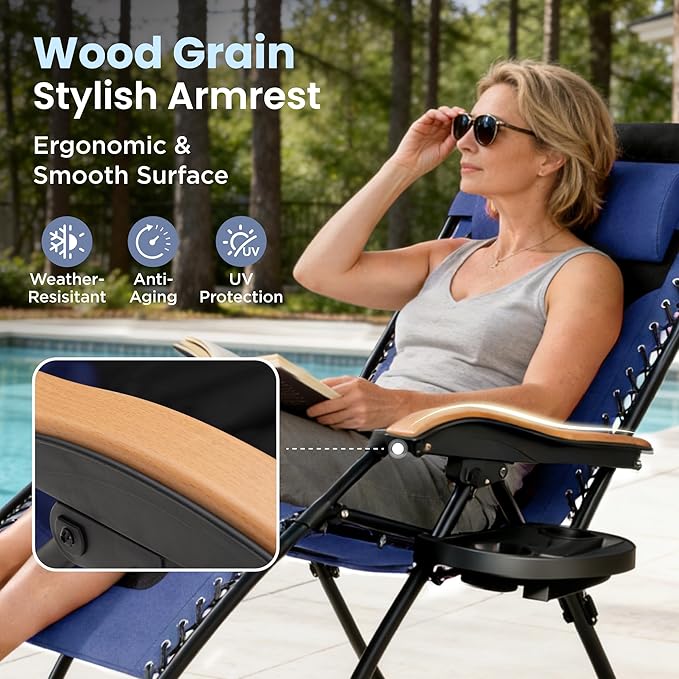 PHI VILLA XXL Oversized Padded Zero Gravity Chair, Foldable Patio Recliner, 30" Wide Seat Anti Gravity Lounger with Cup Holder, Support 400 LBS (Navy Blue)
