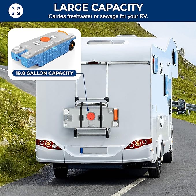 SereneLife 19.8 Gallon / 75L RV Water Tank – Camper Accessories Portable Container with Level Indicator, Rotating Spout, Metal Handle & Heavy-Duty Wheels, Suitable for Freshwater or Sewage Storage