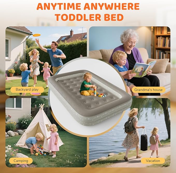 Inflatable Toddler Travel Bed: Portable Blow Up Travel Toddler Bed with Safety Sides - Toddler Air Mattress with Electric Pump ＆ Carry Bag,Ideal for Sleeping and Outdoor Camping (Beige, 60")