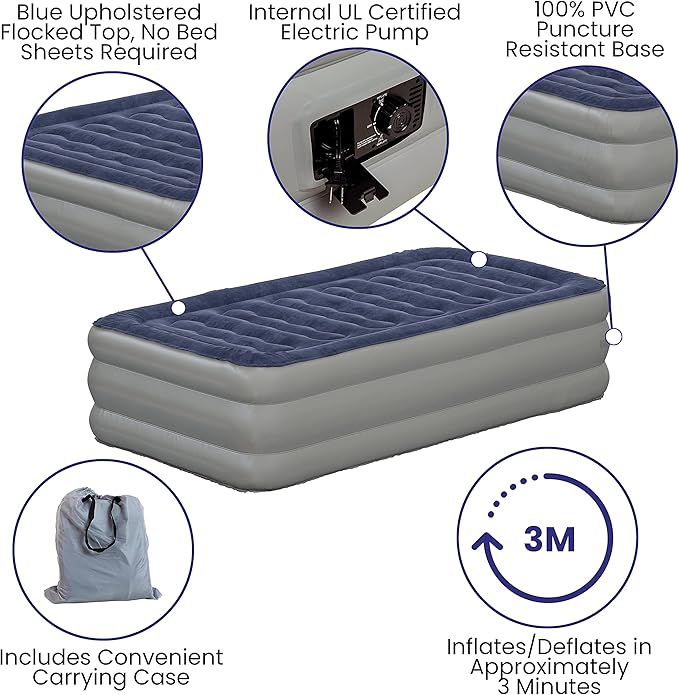 EMMA + OLIVER 18 Inch Twin Size Raised Inflatable Air Mattress with Internal Electric Pump
