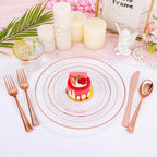 bUCLA 300PCS Rose Gold Plastic Dinnerware - Clear Dinnerware Set Disposable Include 50 Dinner Plates,50 Dessert Plates,50 Knives,50 Forks,50 Spoons,50 Cups for Party, Wedding & Valentines Day