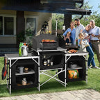 Cmaping KitchenTable, Aluminum Folding Camping Cook Station with Windshield, Upgrade Light Stand, Storage Bag, Quick Installation for Outdoor, Picnic, Cooking