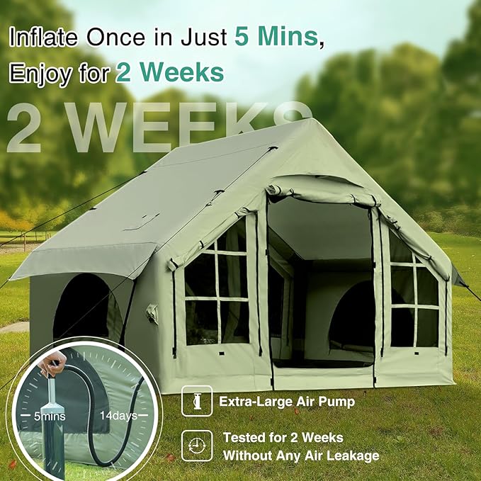 2025 Upgraded Waterproof Inflatable Camping Tent, Large Blow-Up Air Tent, No Assembly Needed Luxury Glamping House, Oxford Fabric