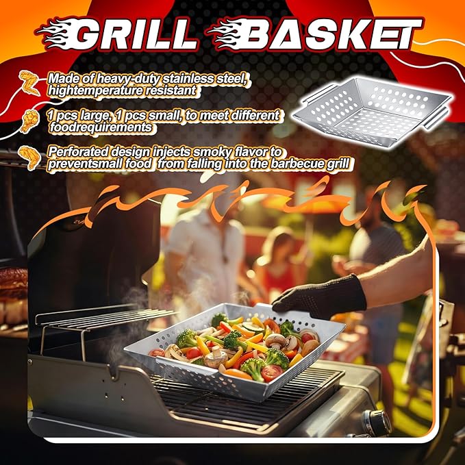 Mifoci 4 Pcs Vegetables Grill Baskets for Outdoor Grilling 14.17'' 9.65'' Extra Large Stainless Steel Vegetable Grill Basket with Handles for Veggies BBQ Accessories Camping Smokers Gifts, 2 Sizes