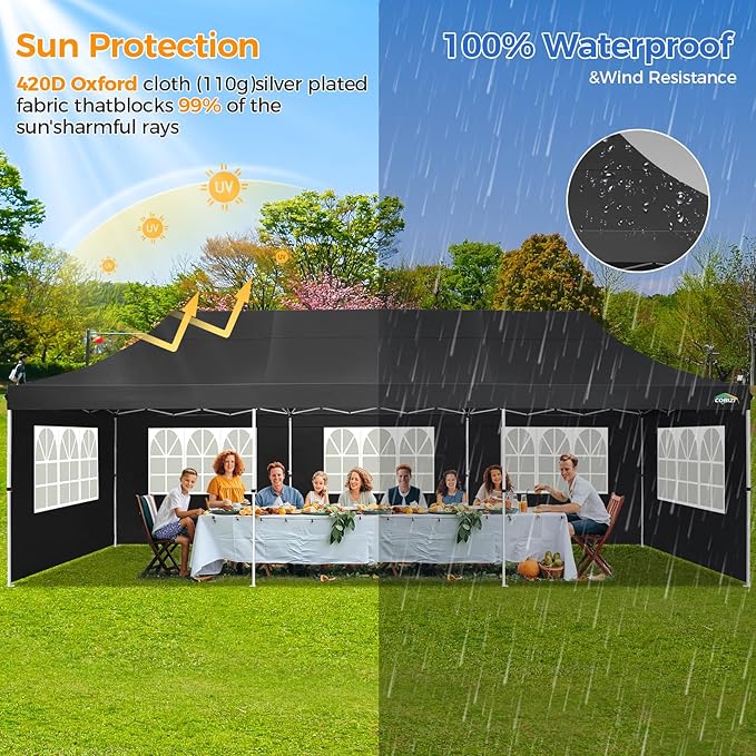 COBIZI 10x30 Pop up Canopy with Roller Bag & 8 Removable Sidewalls, Canopy Tent for Parties, Wedding, and Commercials, Waterproof and Instant Shelter UV50+ Outdoor Gazebo with 4 Sandbags(Black)