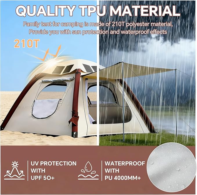 Automatic Inflatable Tent with Air Pump, Family Tents for Camping, Windproof Waterproof 3 Person Tent, Easy Set Up in 2-3 Min, Camping Essentials for Backyard Outdoor