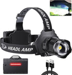 AMAKER LED Rechargeable Headlamp, High Lumens Super Bright with 5 Modes & IPX7 Level Waterproof USB Rechargeable Zoom Headlamp, 90° Adjustable for Outdoor Camping, Running, Cycling, Climbing