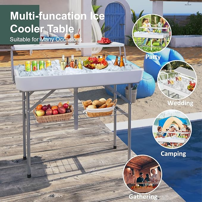 4 Foot Led Ice Cooler Table, Two-Tier Outdoor Cooler Table with Removable Matching Skirt LED Light Strip Drain Plug and Shelf, Plastic Chill Tables to Keep Drinks Cool for Party, Camping, Picnic