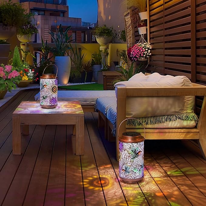 2Pack Solar Lanterns Outdoor Waterproof Hummingbird Garden Gifts for Mom, Multicolor Solar Lights Lantern for Backyard Garden, Pathway, Outside, Mothers' Day Gifts for Women Grandma