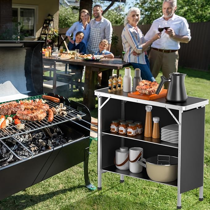 VINGLI Camping Table, Aluminum Portable Bar Table 39''L x 34''H, 2-Tier Storage Shelves, Removable Oxford Cloth, Carrying Bag, Lightweight Folding Table for Events, Outdoor, Party, Picnic