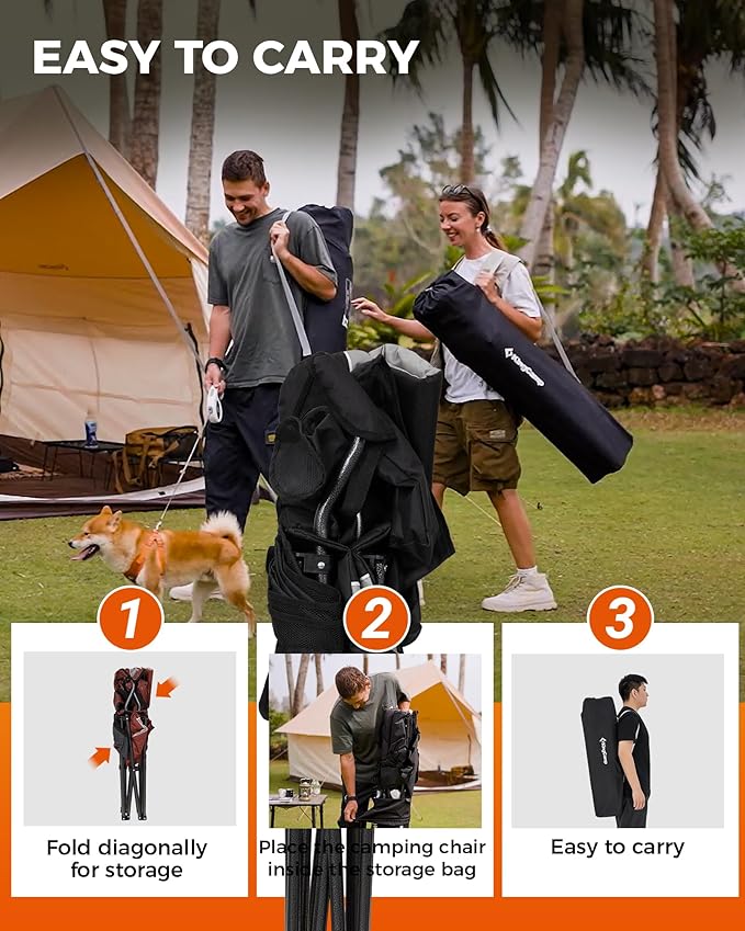 KingCamp Oversized Camping Folding Chair, Heavy Duty 450 LBS with Lumbar Support, Padded seat with Cup Holder&Cooler Bag, Ideal for Camp, Fishing, Sports Event, Backyard, Patio, Lawn (Black/Grey)