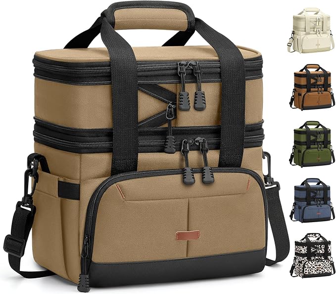Lunch Box For Men Women Double Deck Insulated Lunch Bag For Men Woman Leakproof Expandable Cooler Bag with Adjustable Shoulder Strap for Kids Shool Work Picnic Camping(Khaki,Large)