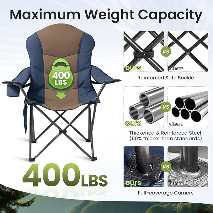 2 Pack Folding Camping Chairs for Adults - High Back Padded Outdoor Lawn Chairs with Lumbar Support & Cup Holder, 400lbs Heavy Duty Portable Camping Chairs Set (Light Blue & Brown, 2 PCS)