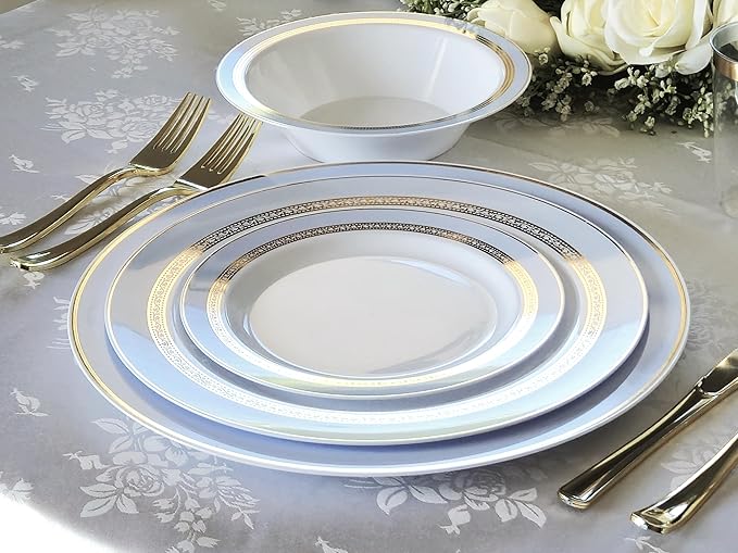 OCCASIONS 50 Blue Plastic Plates (25 Guests) - Heavyweight Disposable Set with Gold Rim - 25 x 10.5" Dinner + 25 x 7.5" Salad/Dessert for Weddings & Parties - Ritz Blue and Gold