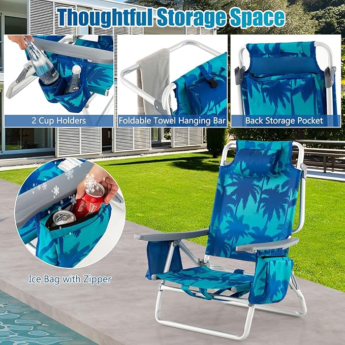 GYMAX Beach Chairs, Backpack Camping Chair with Armrest, Cooler Bag, Cup Holder, Towel Bar & Side Pockets, Sunbath Sling Tanning Lounge, Folding Layout Chair (4 Chairs Without Table, Coconut Tree)