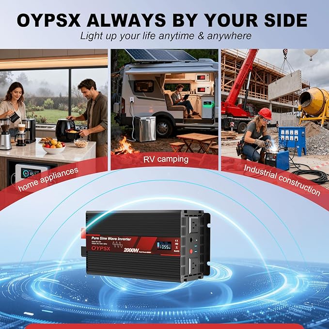 2000W Power Inverter 12V to 110V 120V AC Pure Sine Wave Inverter for RV Truck Camping,Outdoor Off-Grid Power Converter with LCD Display,Wired Controller,AC Outlets USB Port(12V-2000Watt)
