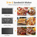 Sunvivi 3 in 1 Sandwich Maker, Electric Waffle Maker with Removable Non-stick Plates, 800W Panini Press Grill with Glass Top, Cool Touch Handle & Easy to Clean, Black