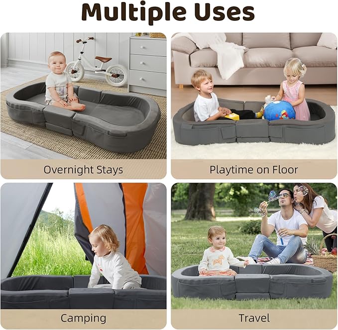 ENITYA Portable Toddler Bed for Travel, Foldable Floor Cot for Sleeping with Washable Cover, Kids Travel Bed for Camping & Home, Easy to Use, for Toddlers 18M–4Y, Dark Grey