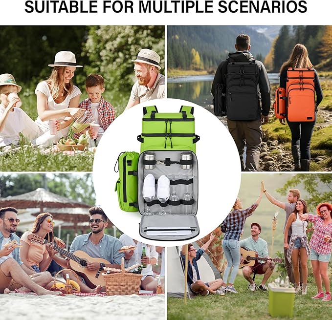 Hanke Backpack Cooler, 40 Cans Soft Leak Proof Picnic Backpack, Portable 2 Insulated Compartments Cooler Backpack Water Resistant for Lunch Beach Travel Camping Picnic Hiking,Green