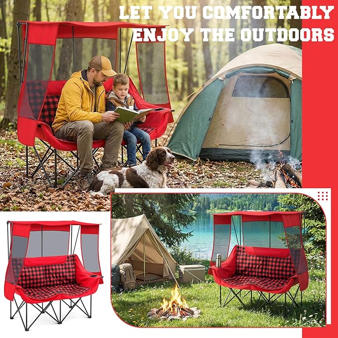 Double Camping Chair with Canopy Shade Oversized Folding Loveseat with Roof, 660lbs Heavy Duty Outdoor Lawn Chair with Holders Pocket for Camping, Fishing (Heating Zones for Cool Evenings)(Red Plaid)