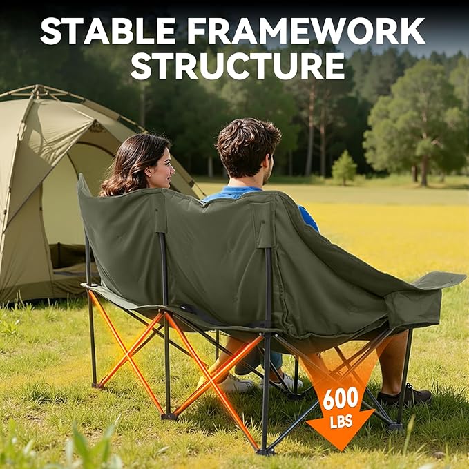 Double Camping Chair Oversized Padded Camping Chairs for Adults Folding Loveseat with Cup Holders and Side Pockets Heavy Duty Outdoor Lawn Chairs for Camping,Sports, Fishing,Beach,Green