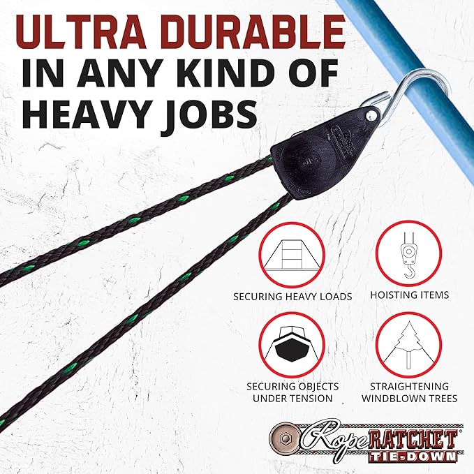 Rope Ratchet Heavy Duty 1/2" Hoist with Locking Pulley, Adjustable Hanger for Grow Lights, Canopies, Kayaks, 15' Braided Polypropylene Rope, 500 lbs Capacity, Ideal for Tent, Tarp, Roof Rack Tie Downs