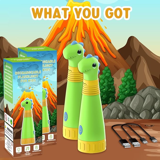 2Pack Rechargeable Dinosaur Flashlight with Roar for Kids, Camping Gear Handheld Flashlight for Kids, Halloween Christmas Lights for Boys Girls, Dino Kid Lantern
