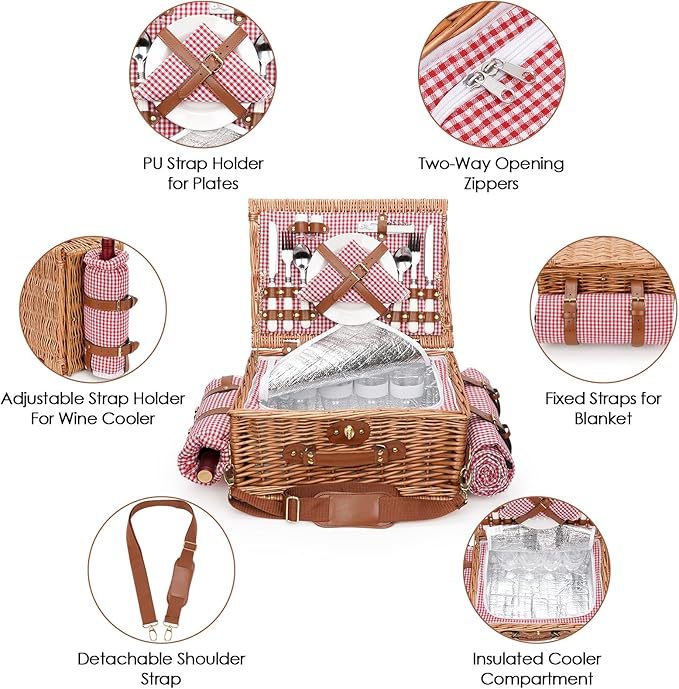 Picnic Basket for 4, Insulated Willow Picnic Baskets with Shoulder Strap, Picnic Hamper with Waterproof Picnic Blanket, Handmade Wicker Hamper for Outdoor, Great Gifts for Thanksgiving, Christmas