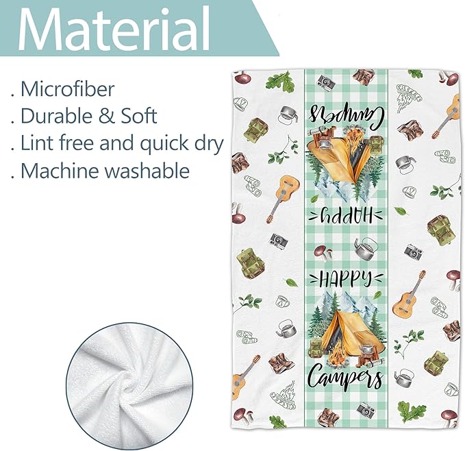 Camping Gifts for Women, Happy Camper Kitchen Towels, Funny Sayings Dish Towels Set of 2 for Camping Lovers, Farmhouse Camping Tent RV Hand Tea Towels for Housewarming Birthday Christmas, 18x26 Inches