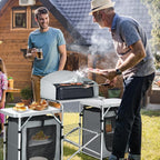 GYMAX Folding Camping Table, Portable Kitchen Table with 2 Zipper Organizer Shelf & Wind Screen, Foldable Cooking Table for Camping Hiking Picnic BBQ (Grey)
