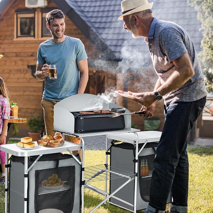 GYMAX Folding Camping Table, Portable Kitchen Table with 2 Zipper Organizer Shelf & Wind Screen, Foldable Cooking Table for Camping Hiking Picnic BBQ (Grey)