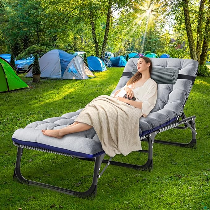 NAIZEA Folding Camping Cots,Adjustable 4-Gear Sleeping Cots for Adults,Foldable Cot Bed, Folding Chaise Lounge Chair,Portable Reclining Chair for Beach Lawn Camping Pool,Sunbathing Chairs