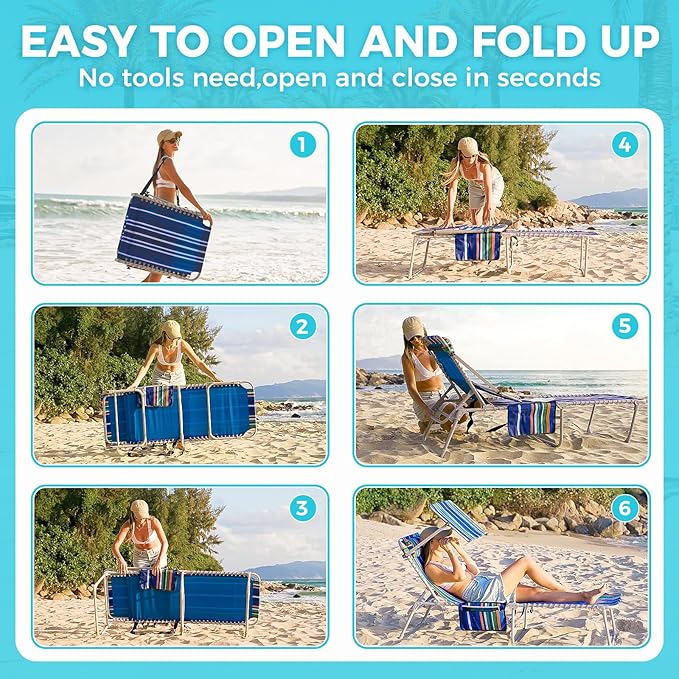 #WEJOY Folding Lounge Chair with Canopy Shade, Portable Adjustable 5-Position Patio Chaise Lounger with Pillow & Pouch for Lay Flat Outdoor Lawn Backyard Beach Camping Pool Tanning (Blue White)