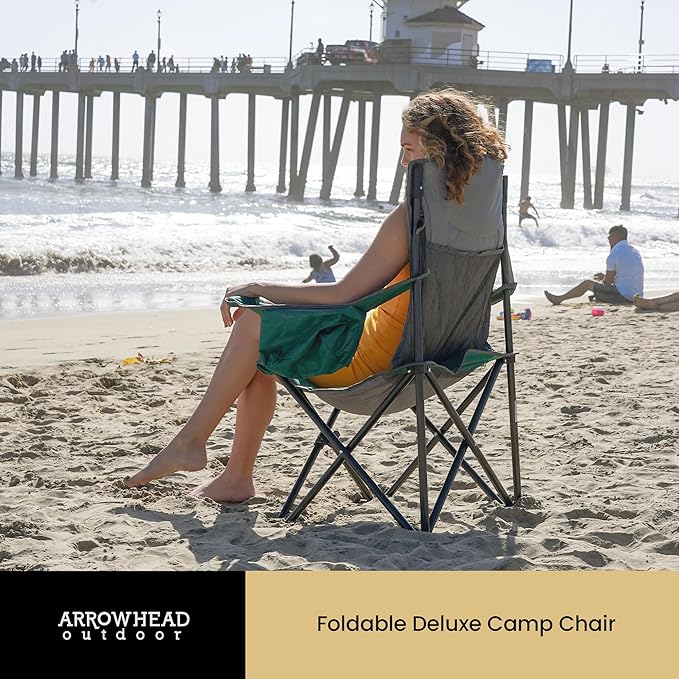 ARROWHEAD OUTDOOR Portable Deluxe Folding Camp Quad Chair w/Headrest, Glass & Cup Holders, Armest 6-can Cooler, Heavy Duty Carry Bag, 550 lbs Weight Capacity