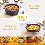 Velaze Cast Iron Dutch Oven Pot with Skillet Lid, 2-in-1 Pre-Seasoned Dual Handle Cast Iron Pan for Bread Baking, Frying, and Camping - Black 5QT