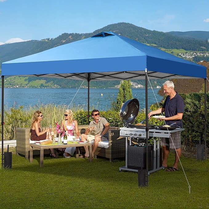 GDY 12x12 Pop Up Canopy Patio Carpas, One Push Set up with Central Lock Canopy with Wheeled Carry Bag, Included 4 Sandbaogs,8 Stakes and 4 Ropes, Blue