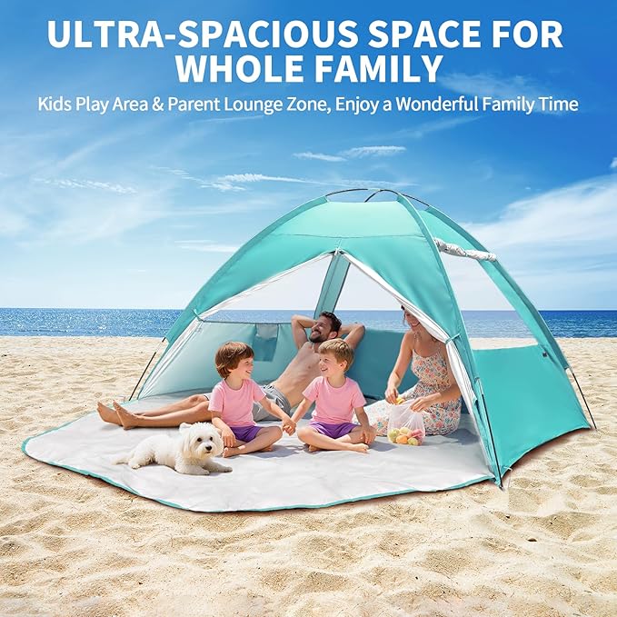 COVACURE 2026 New Upgraded Beach Tent Sun Shelter - UPF 50+ UV Protection Beach Shade for 3-4 Person, Waterproof & Lightweight, Easy Setup Portable Sun Canopy for Camping, Fishing, Beach (Green)