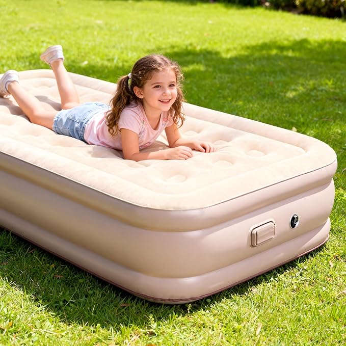 Air Mattress Twin with Built-in Battery Powered Removable Pump, Blow Up Mattress with Pillow, Strong Support All Night,No Lost Air, Compact Inflatable Air Bed for Home Guests Camping