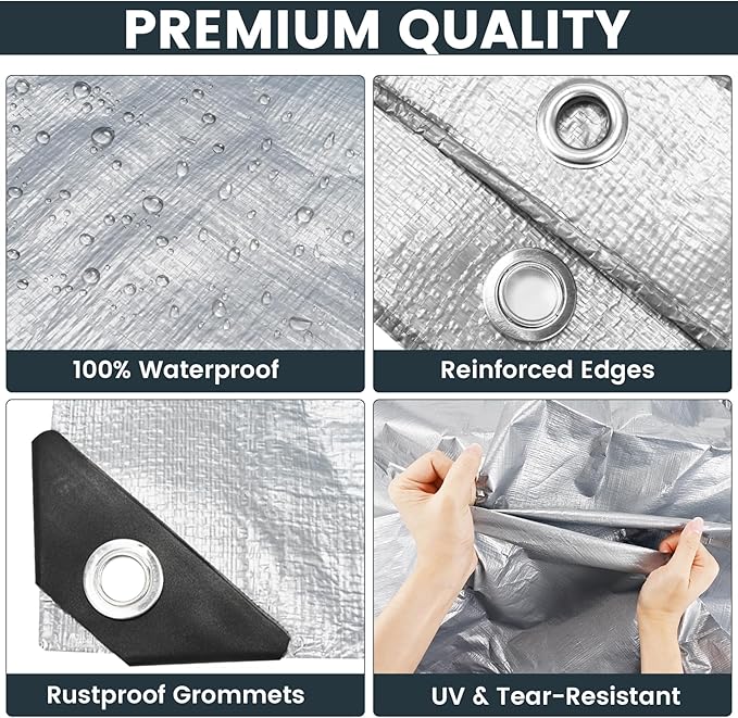 TICONN Heavy Duty Tarp Cover, Extra Thick Tarps Waterproof Tear and Rip Proof UV Resistant Tarpaulin with Reinforced Grommets and Edges (10 Mil, 10'×10')