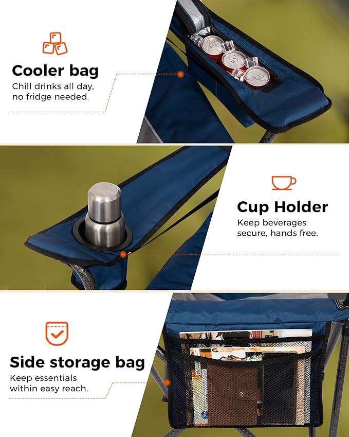 KingCamp Oversized Camping Folding Chair, Heavy Duty 450 LBS with Lumbar Support, Padded seat with Cup Holder&Cooler Bag, Ideal for Camp, Fishing, Sports Event, Backyard, Patio, Lawn(Blue/MediumGrey)