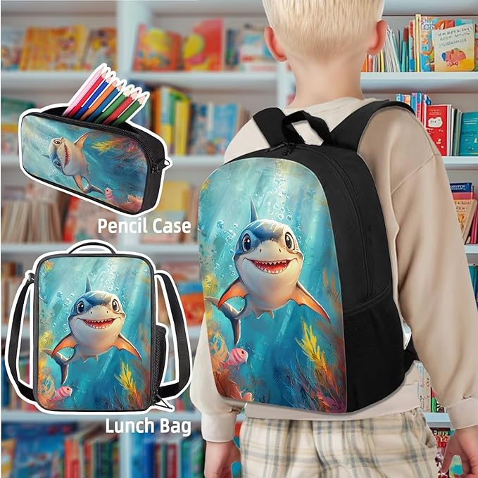 Backpack and Lunch Box Set Boys Shark Backpack 3 Piece Lightweight Backpacks Travel Bookbag for Kids Mochilas Escolares Para Niños Kindergarten Elementary Middle with Wrist Strap Keychain